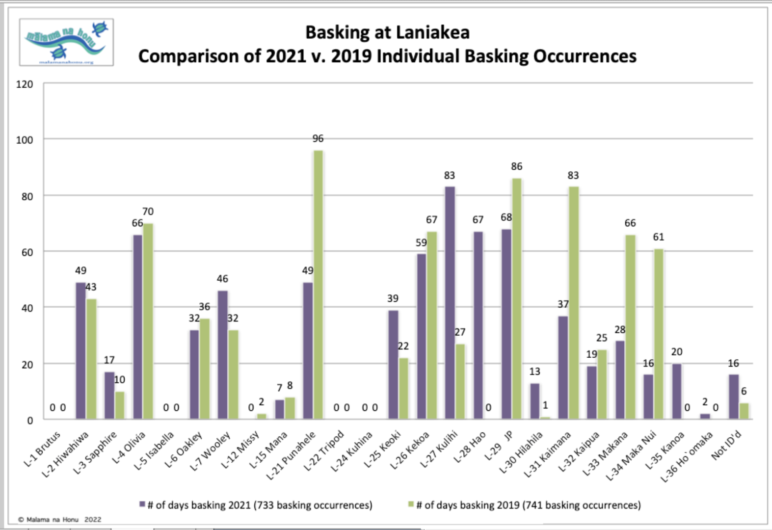 Bsaking at Laniakea Comparison of 2021 v 2019 Individual Basking Occurrences